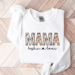 Mama Floral Sweatshirt, Personalized Mom Shirt With Kids Names, Gift For Mom, Mother's Day Shirt, Custom Kid's Names Mom Shirt, Retro Mama Shirt
