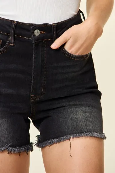 Marissa Judy Blue Full Size Tummy Control Fray Hem Shorts