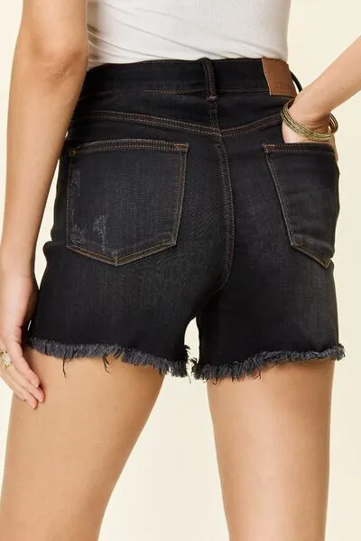 Marissa Judy Blue Full Size Tummy Control Fray Hem Shorts
