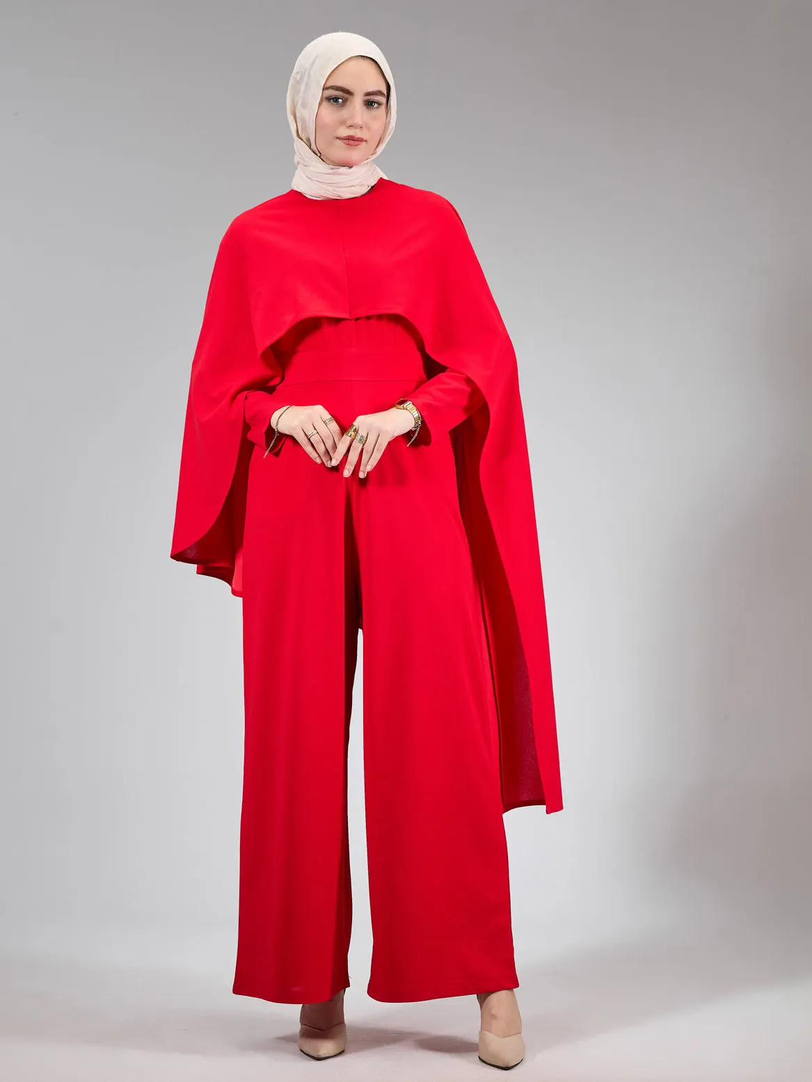 Masyaf Elysian Modesty Dress with Cape Detail in Radiant Red