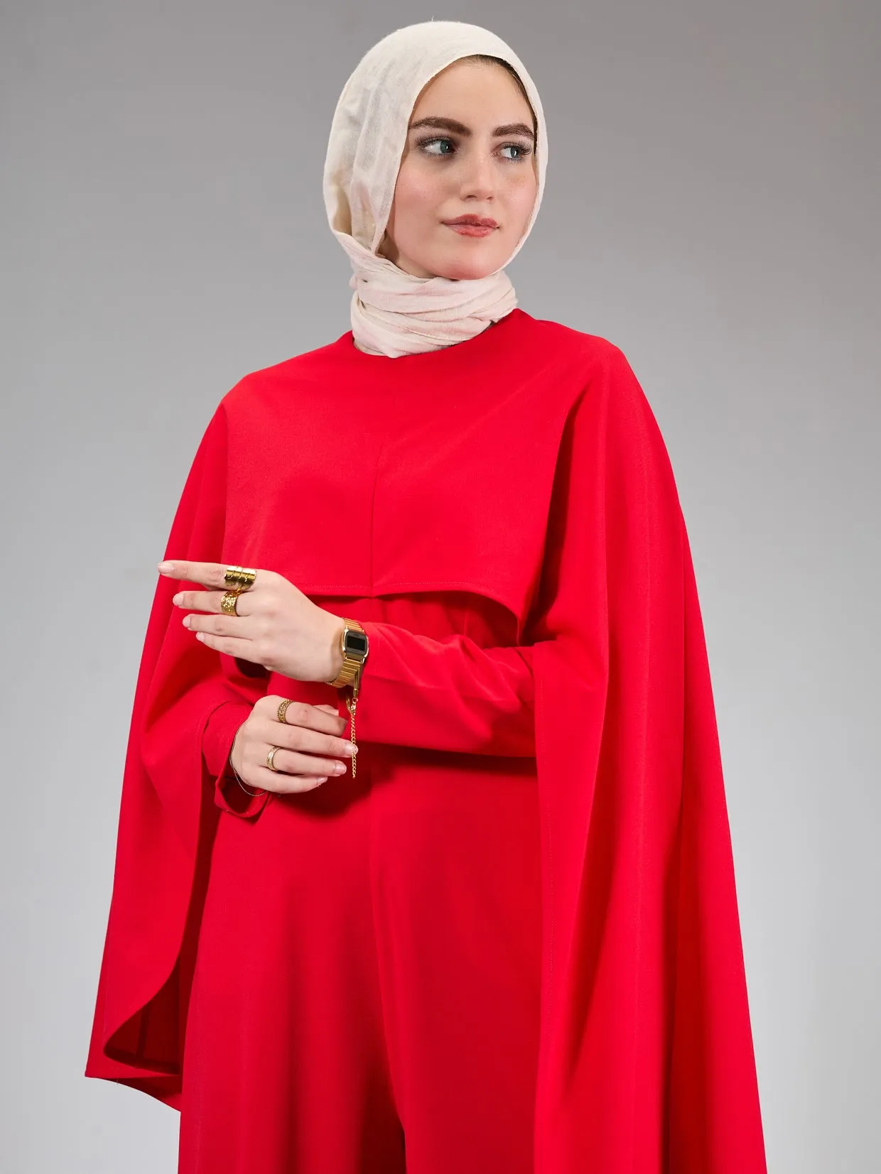 Masyaf Elysian Modesty Dress with Cape Detail in Radiant Red