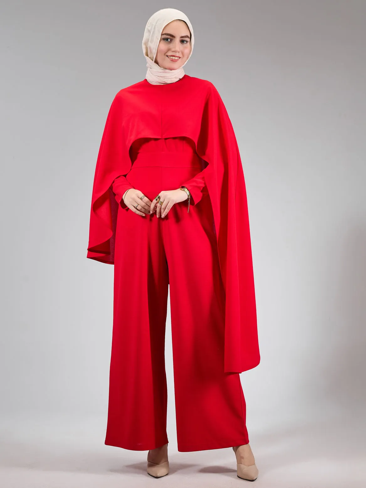 Masyaf Elysian Modesty Dress with Cape Detail in Radiant Red