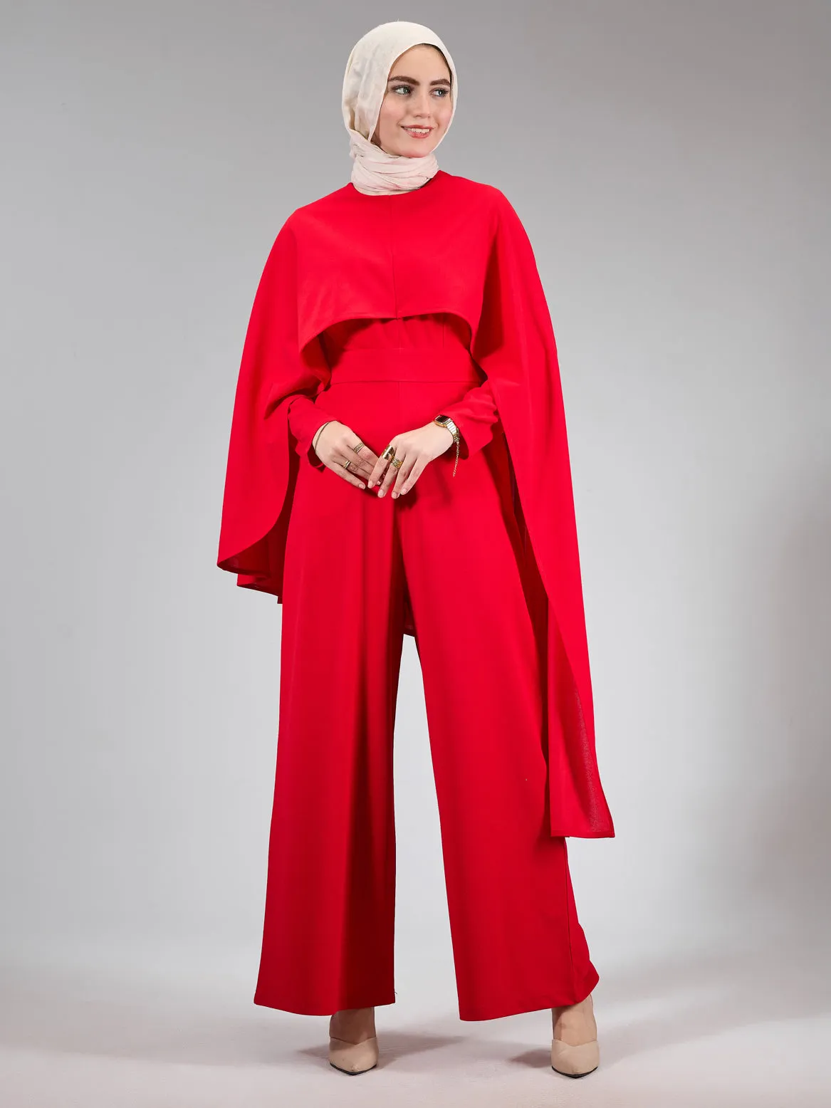 Masyaf Elysian Modesty Dress with Cape Detail in Radiant Red
