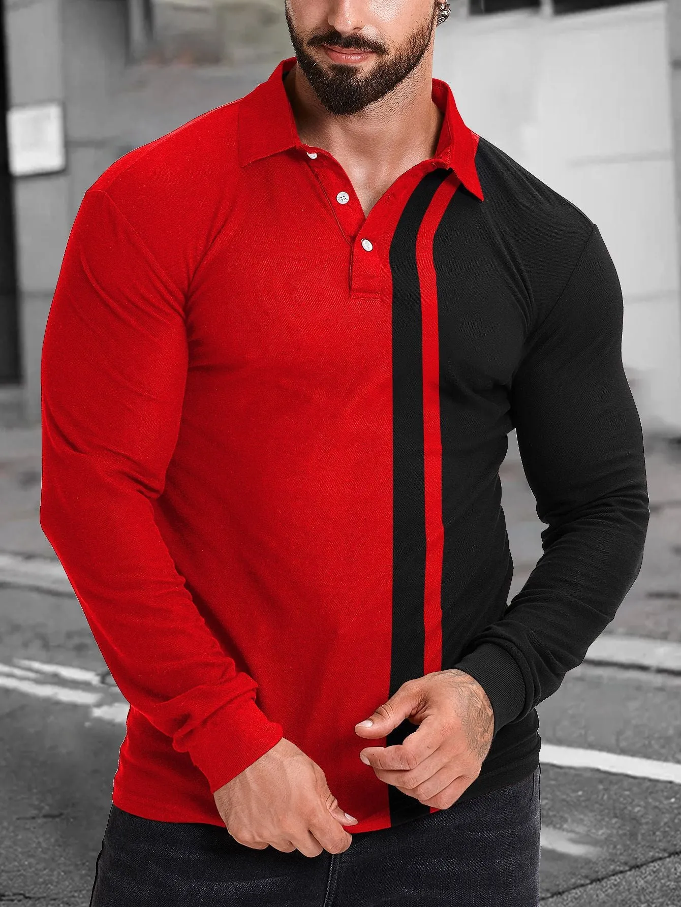 Men's Color Block Long Sleeve Polo Shirt