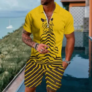 Men's Yellow Tiger Polo Shirt And Shorts 2PCS Set 2409003499