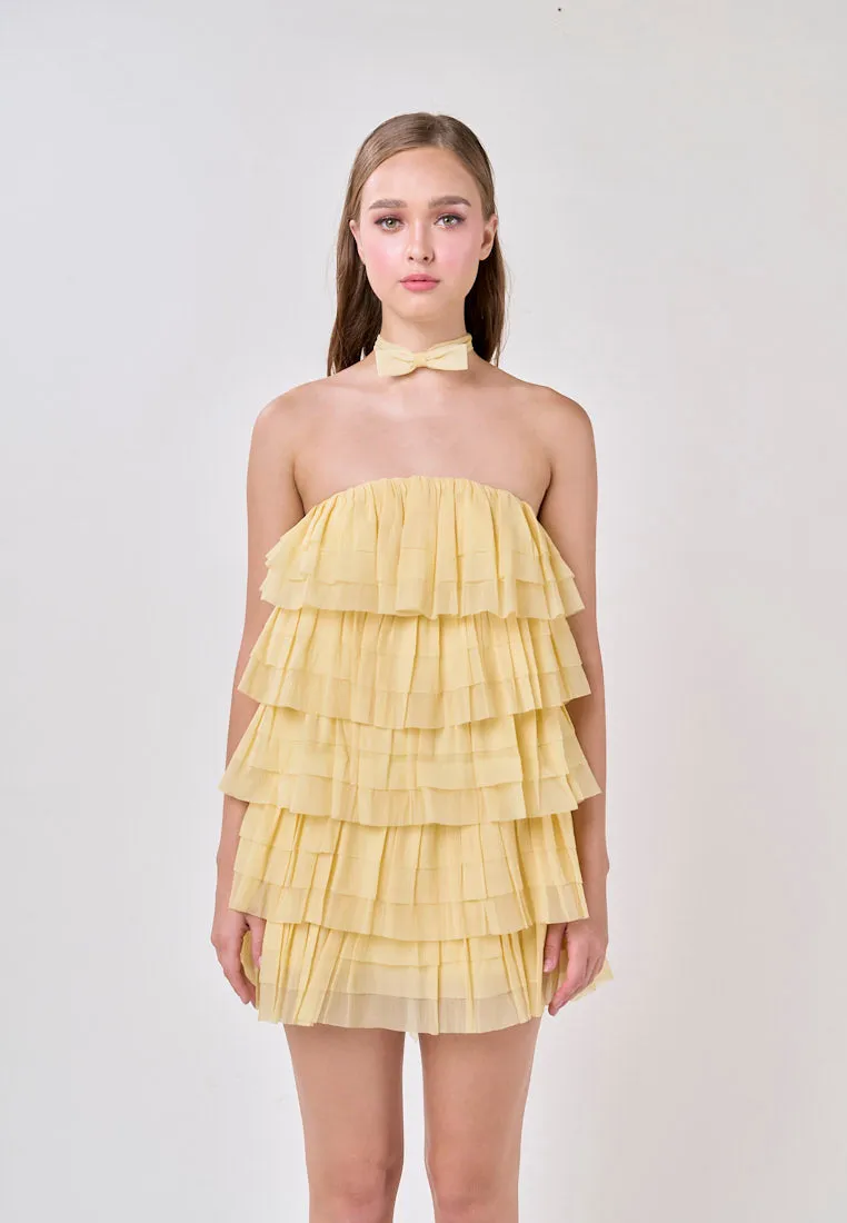 Miller Lemon Yellow  Tube Tulle Layered Mini Dress