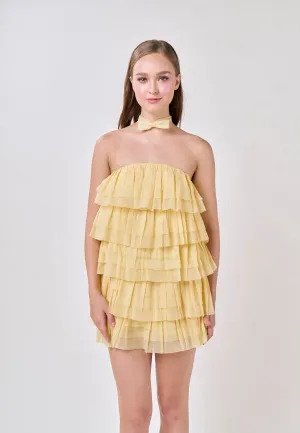 Miller Lemon Yellow  Tube Tulle Layered Mini Dress