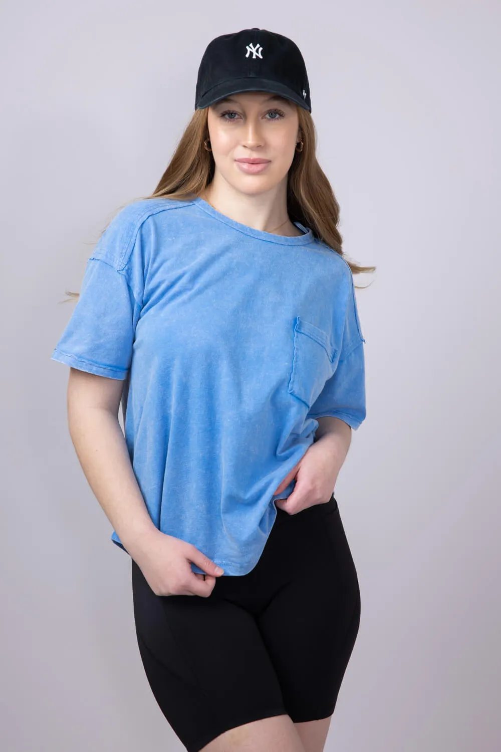 Mineral Wash Pocket T-Shirt for Women in Blue | NT11108-BLUE