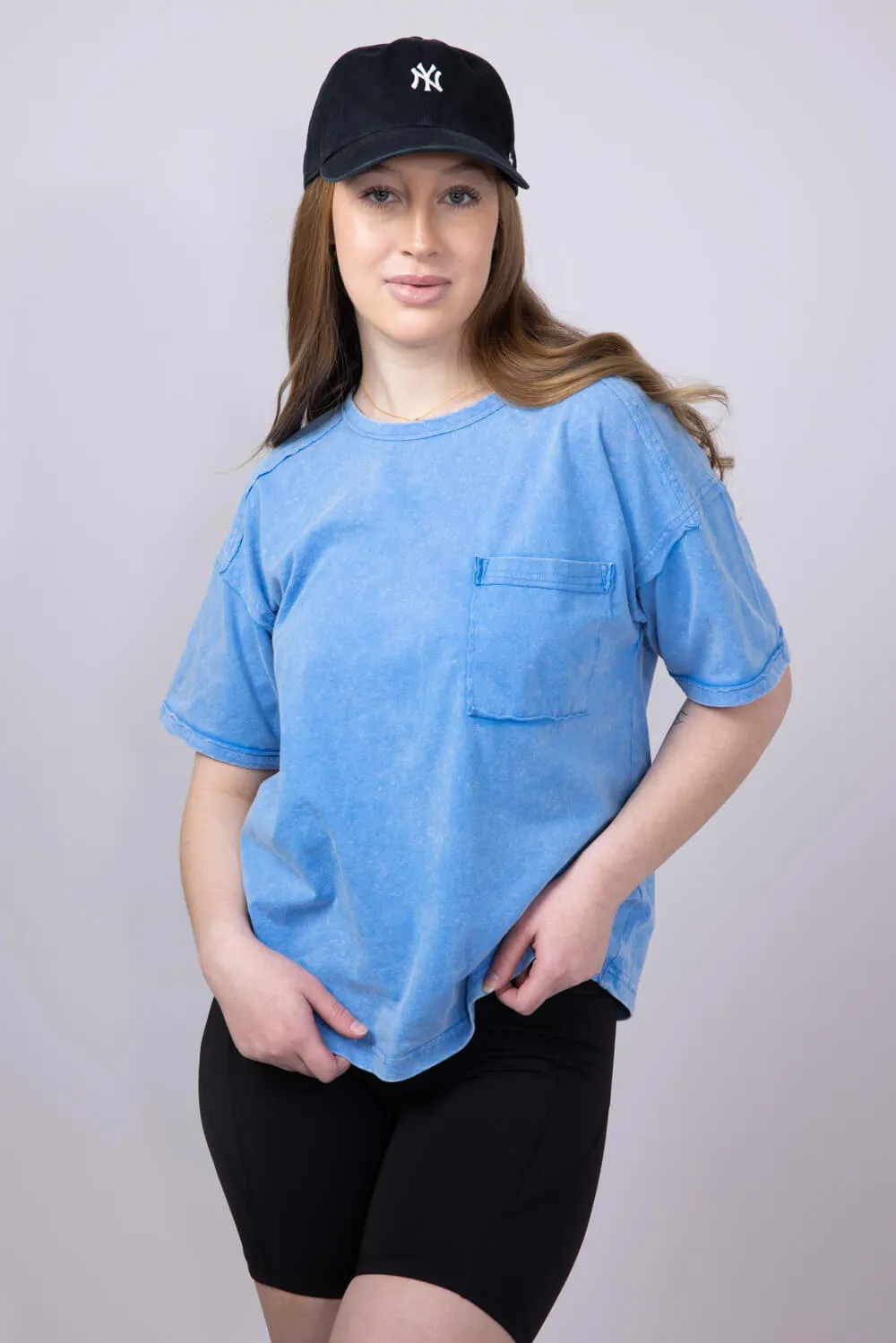 Mineral Wash Pocket T-Shirt for Women in Blue | NT11108-BLUE