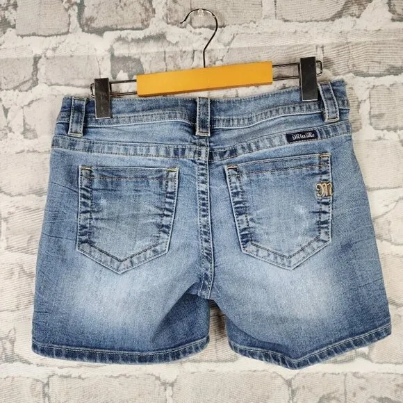 Miss Me Mid Rise Button Fly Jean Shorts Distressed Faded Medium Wash Size 27