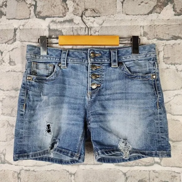 Miss Me Mid Rise Button Fly Jean Shorts Distressed Faded Medium Wash Size 27