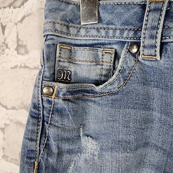 Miss Me Mid Rise Button Fly Jean Shorts Distressed Faded Medium Wash Size 27