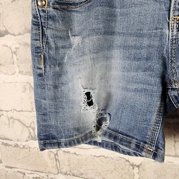 Miss Me Mid Rise Button Fly Jean Shorts Distressed Faded Medium Wash Size 27