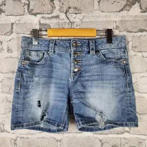Miss Me Mid Rise Button Fly Jean Shorts Distressed Faded Medium Wash Size 27