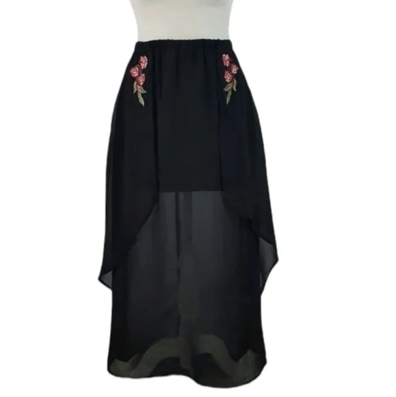 Monteau - Black Floral Tiered Sheer Maxi Skirt