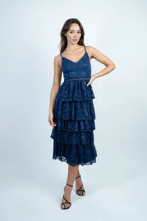Navy Layered Lace Midi Dress with Details