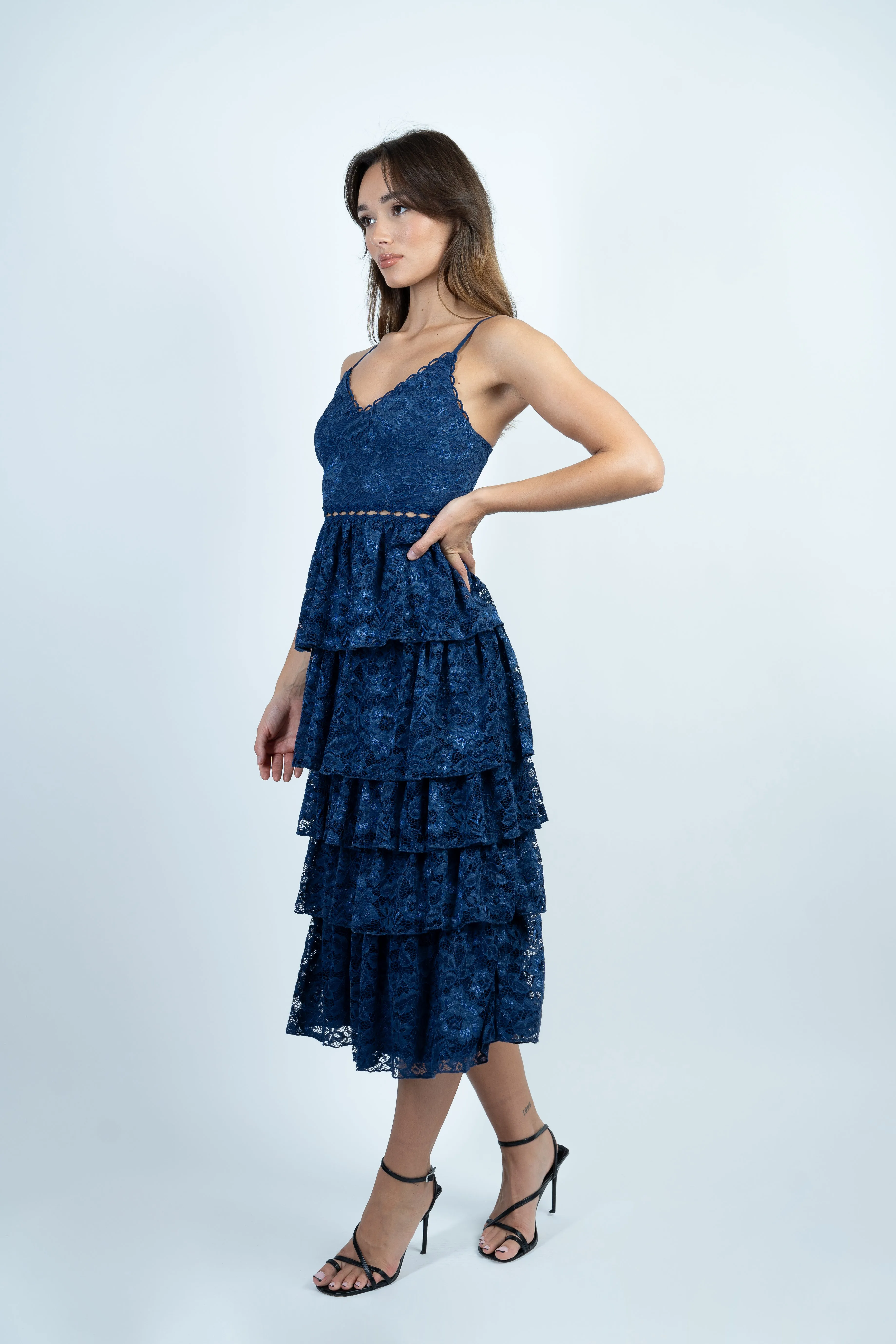 Navy Layered Lace Midi Dress with Details