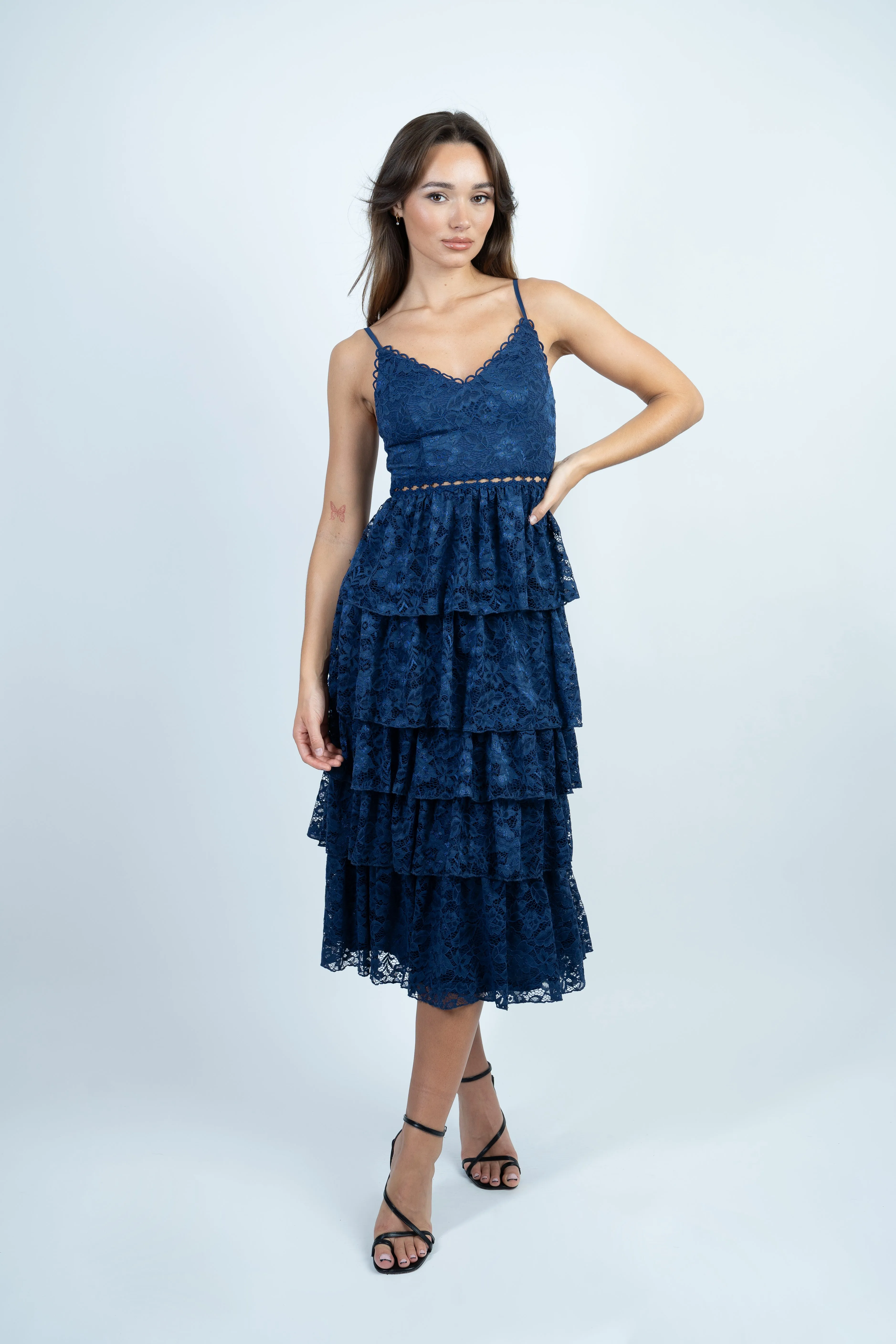 Navy Layered Lace Midi Dress with Details