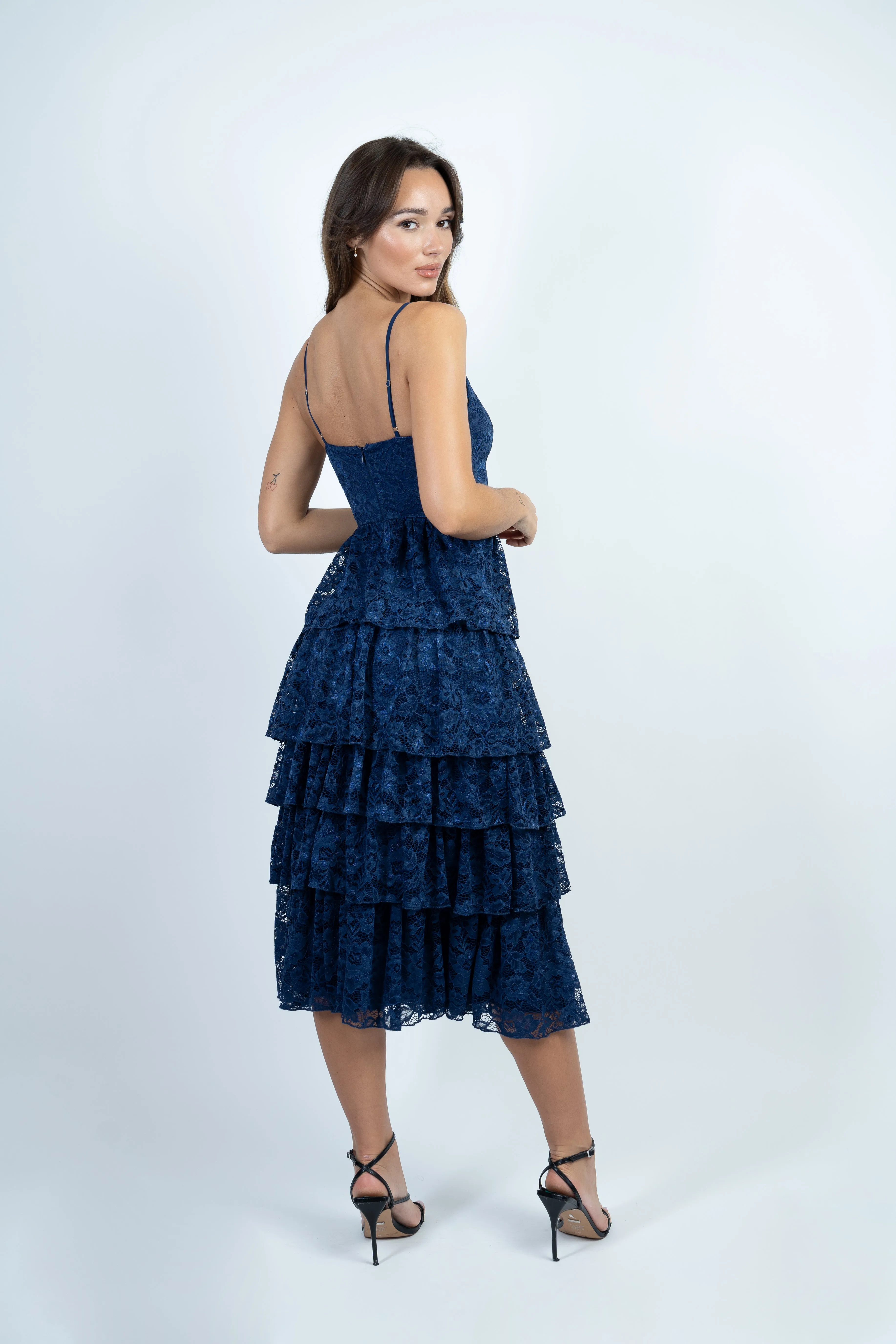 Navy Layered Lace Midi Dress with Details