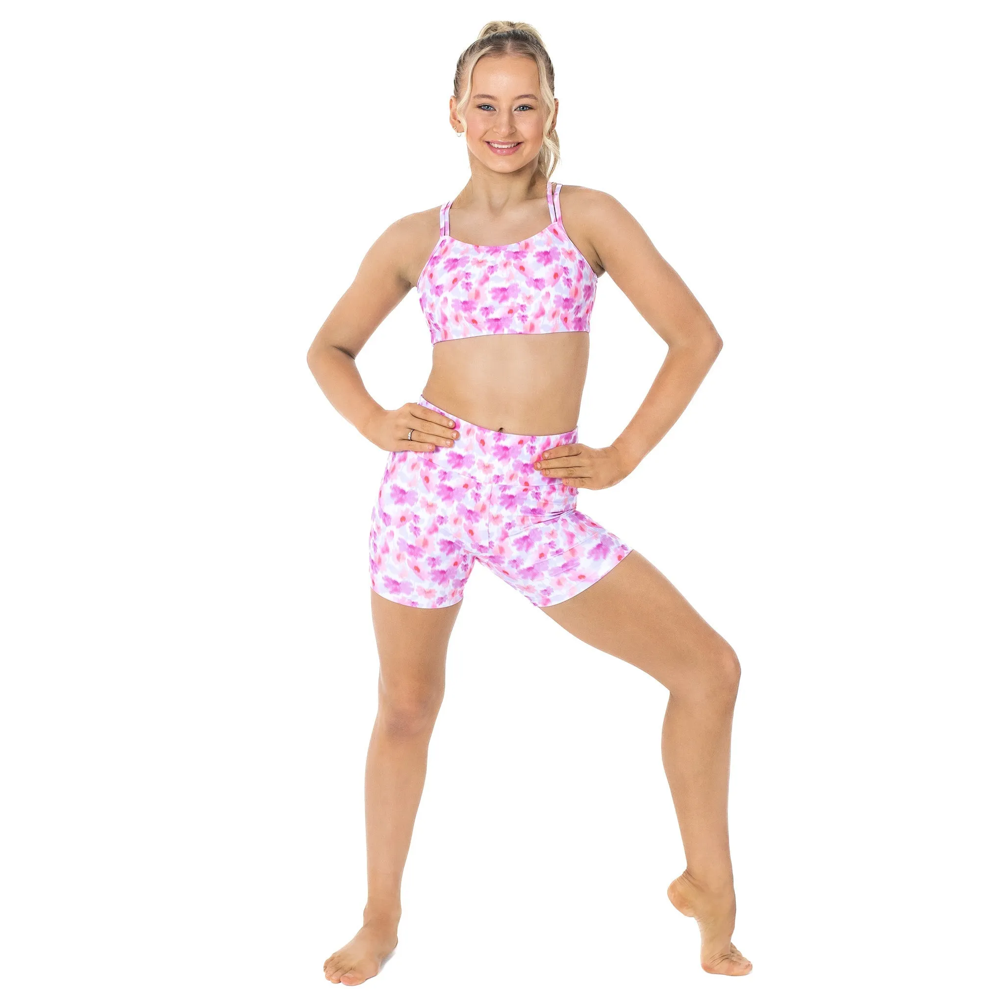 Nicole: Midi Length Bike Shorts in Blossom Blur Print