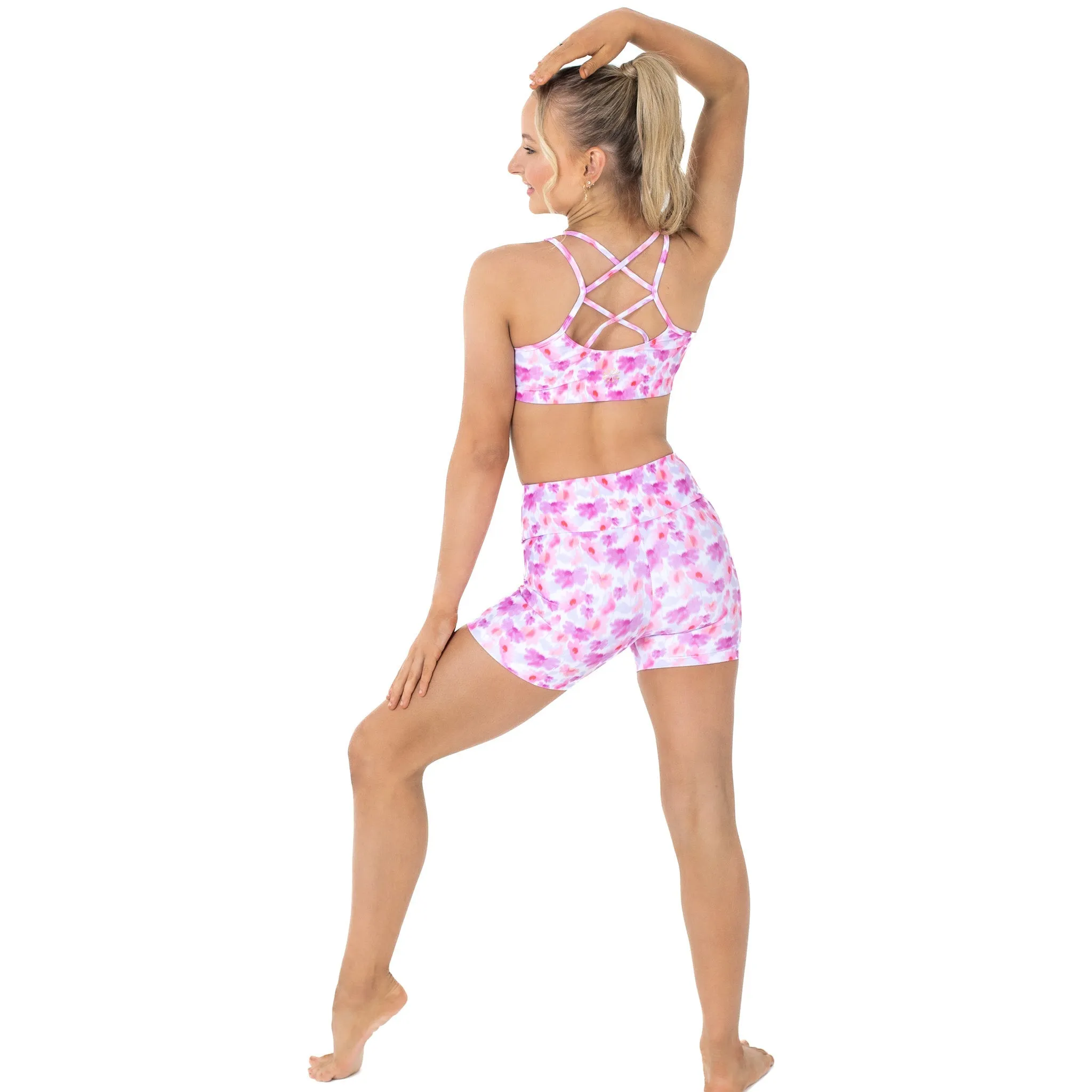 Nicole: Midi Length Bike Shorts in Blossom Blur Print