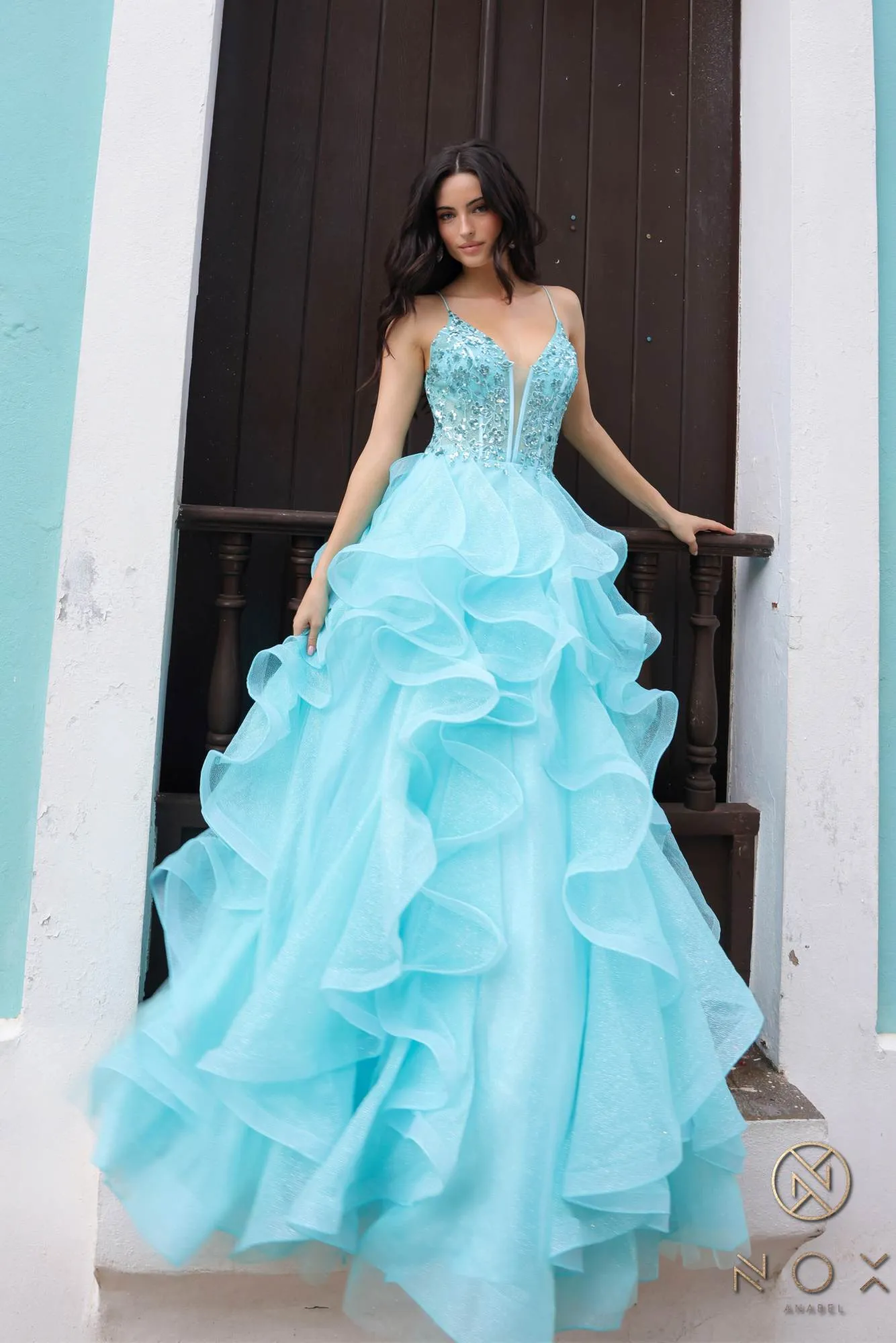 Nox Anabel R1433 Long Layered Ruffled Tulle Skirt Corset Poofy A-Line Gown
