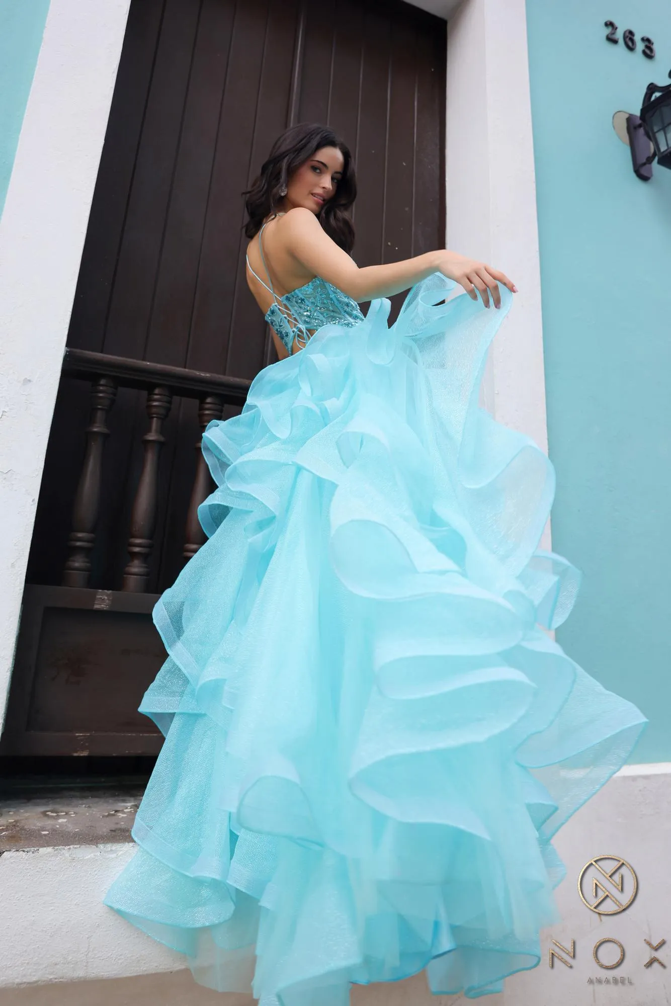 Nox Anabel R1433 Long Layered Ruffled Tulle Skirt Corset Poofy A-Line Gown