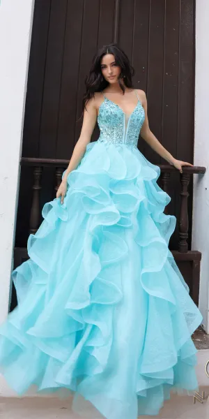 Nox Anabel R1433 Long Layered Ruffled Tulle Skirt Corset Poofy A-Line Gown