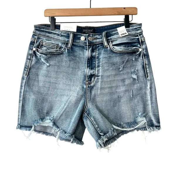 NWT Judy Blue High Waist Adjustable Button Distressed Shorts Stretch Size XL