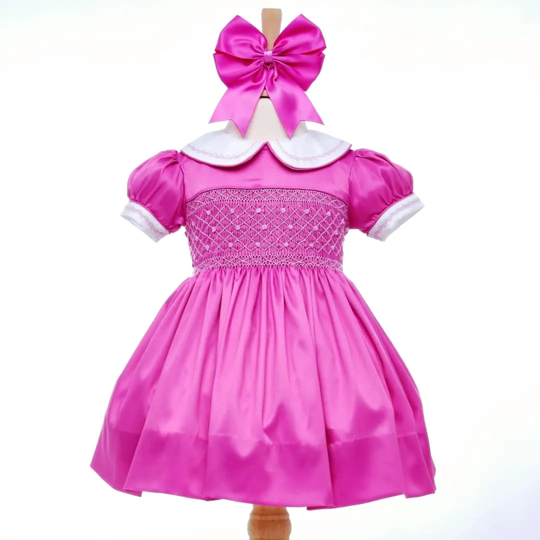 Ocean Baby Fuchsia Pink Smocked Petticoat Layered Satin Dress (3M-8Yrs)