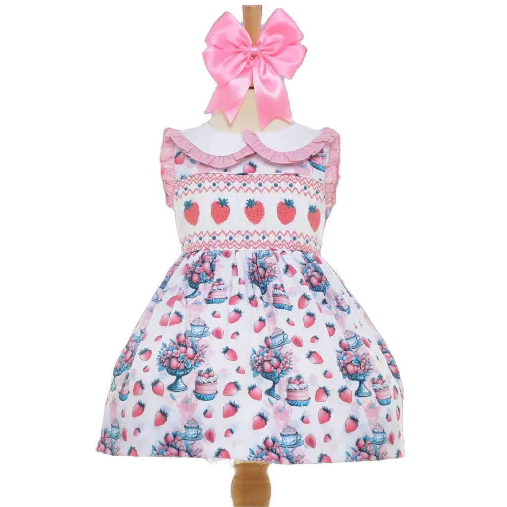 Ocean Baby Girls Afternoon Tea Strawberries Smocked Petticoat Layered Dress - (6M-8Yrs)