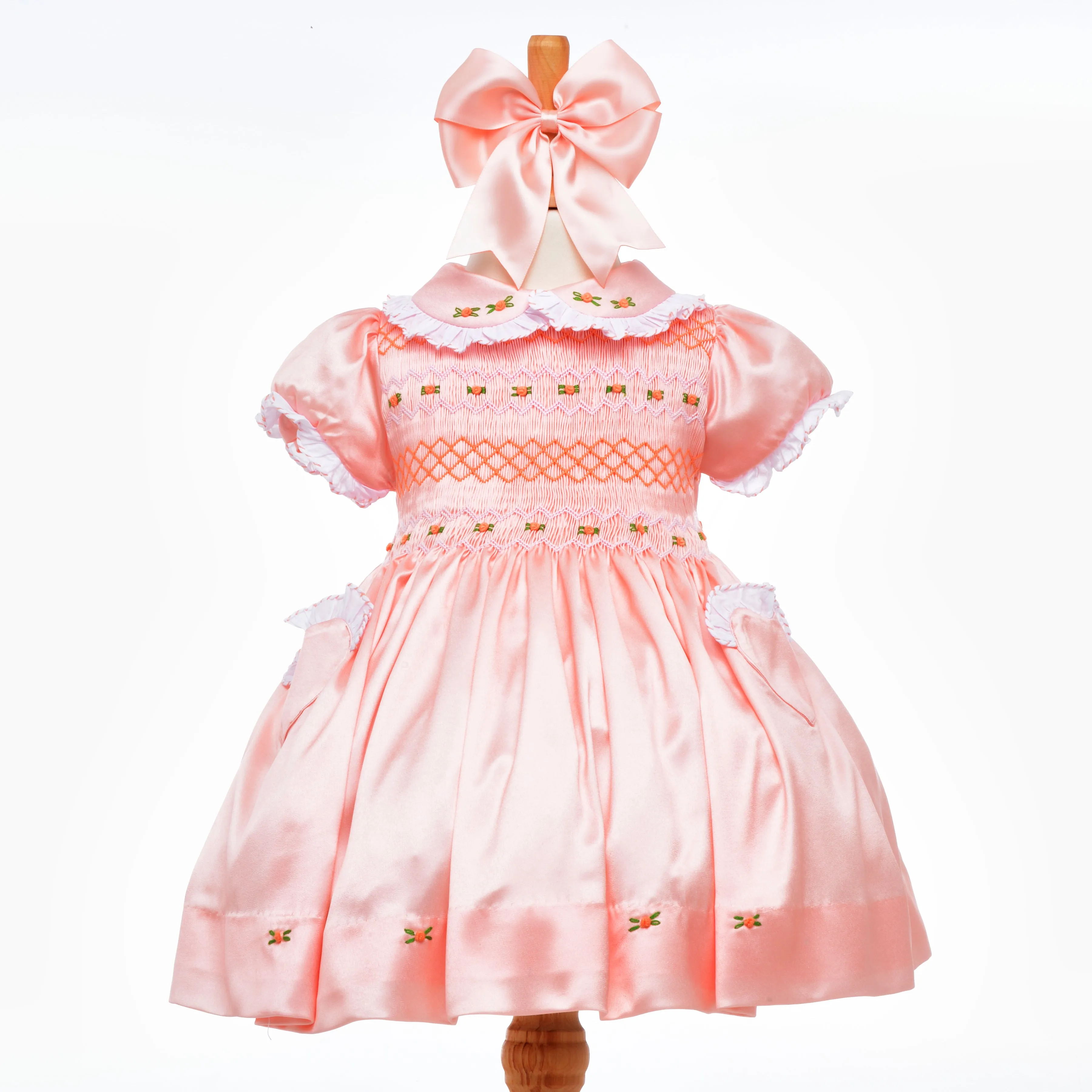 Ocean Baby Girls Smocked Peach Satin Petticoat Layered Dress (NB-8Yrs) Featured In Tatler Magazine*