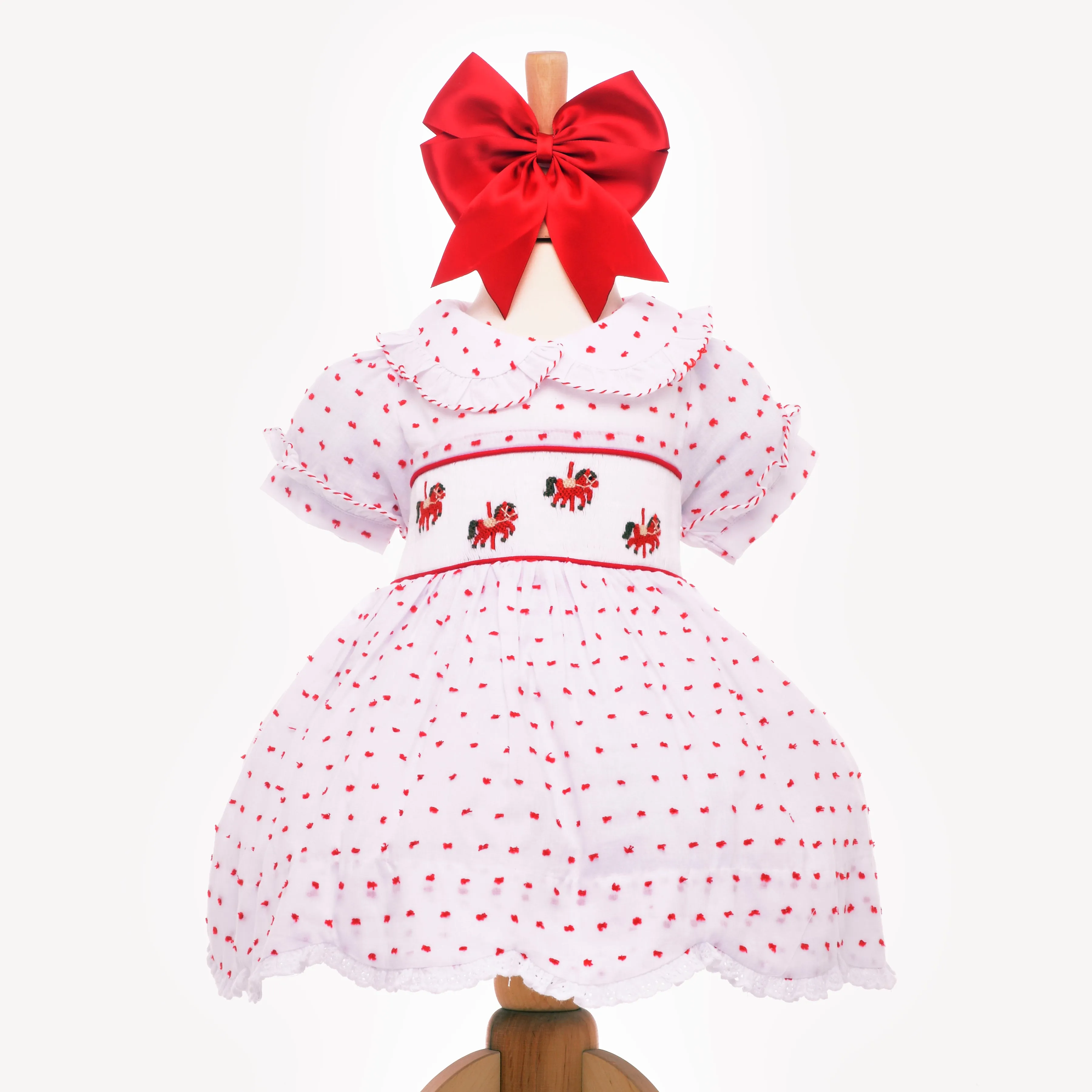 Ocean Baby Girls Smocked Red Rocking Horse Red Plumetti Petticoat Layered Dress (NB-6Yrs)