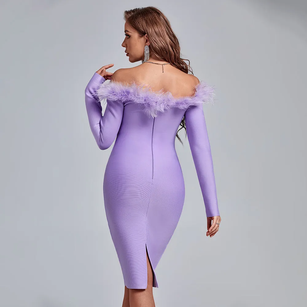Off Shoulder Feather Over Knee Bandage Dress