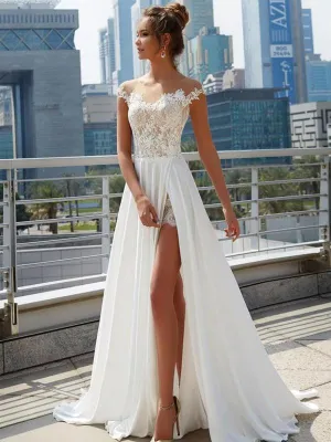 Off Shoulder See Through Cheap Wedding Dresses Online, Side Slit A-line Bridal Dresses, QB0383