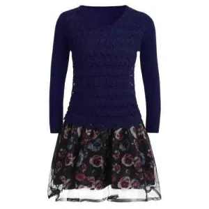 Organza Spliced Floral Layered Sweater Skater Dress - Blue One Size