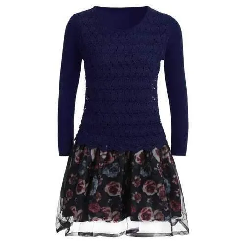 Organza Spliced Floral Layered Sweater Skater Dress - Blue One Size