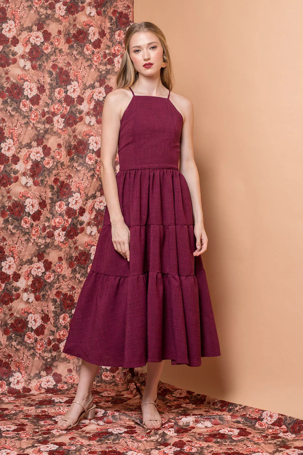 PERFECTA Criss Cross Tie Back Midi Dress (Plum Linen)