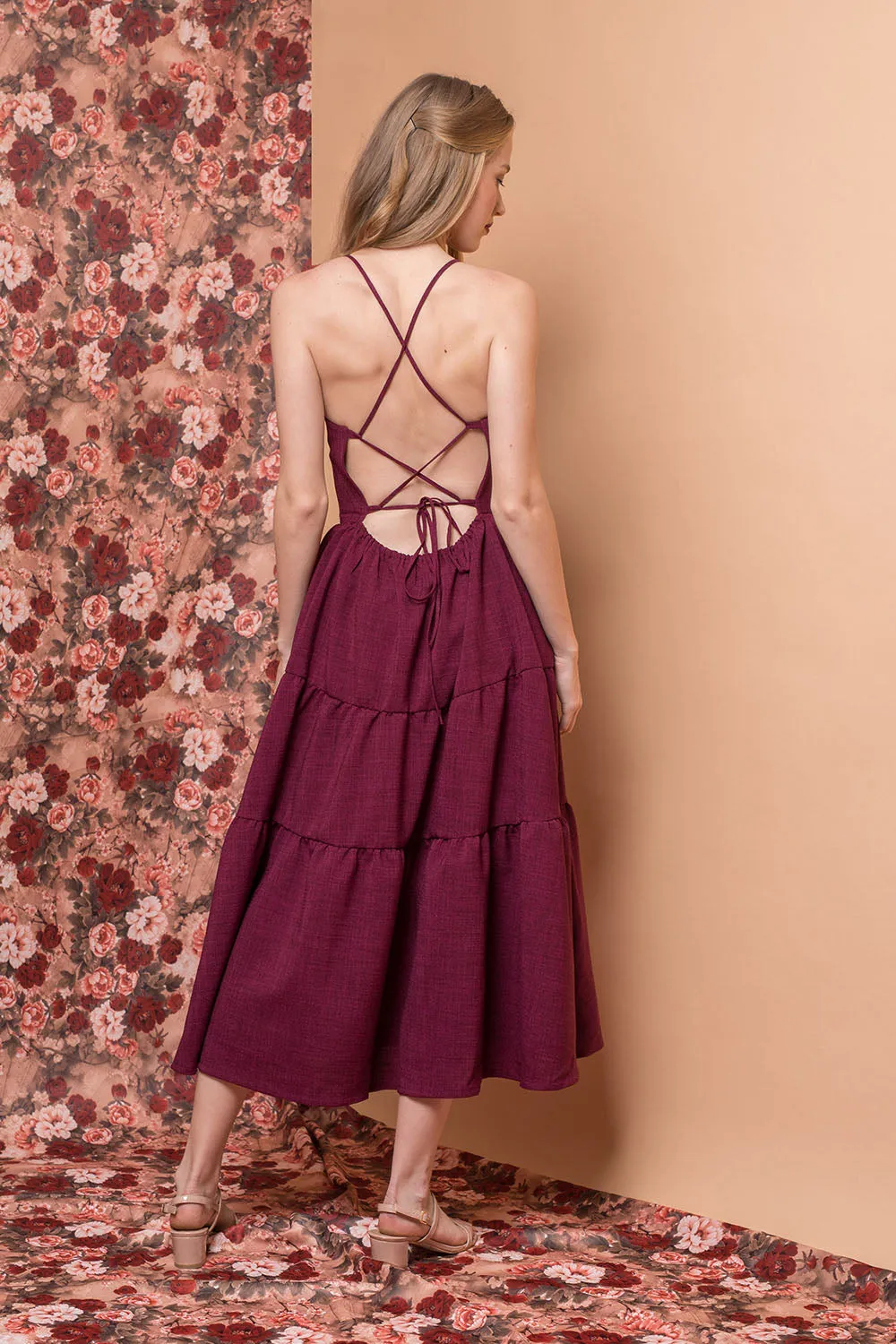 PERFECTA Criss Cross Tie Back Midi Dress (Plum Linen)
