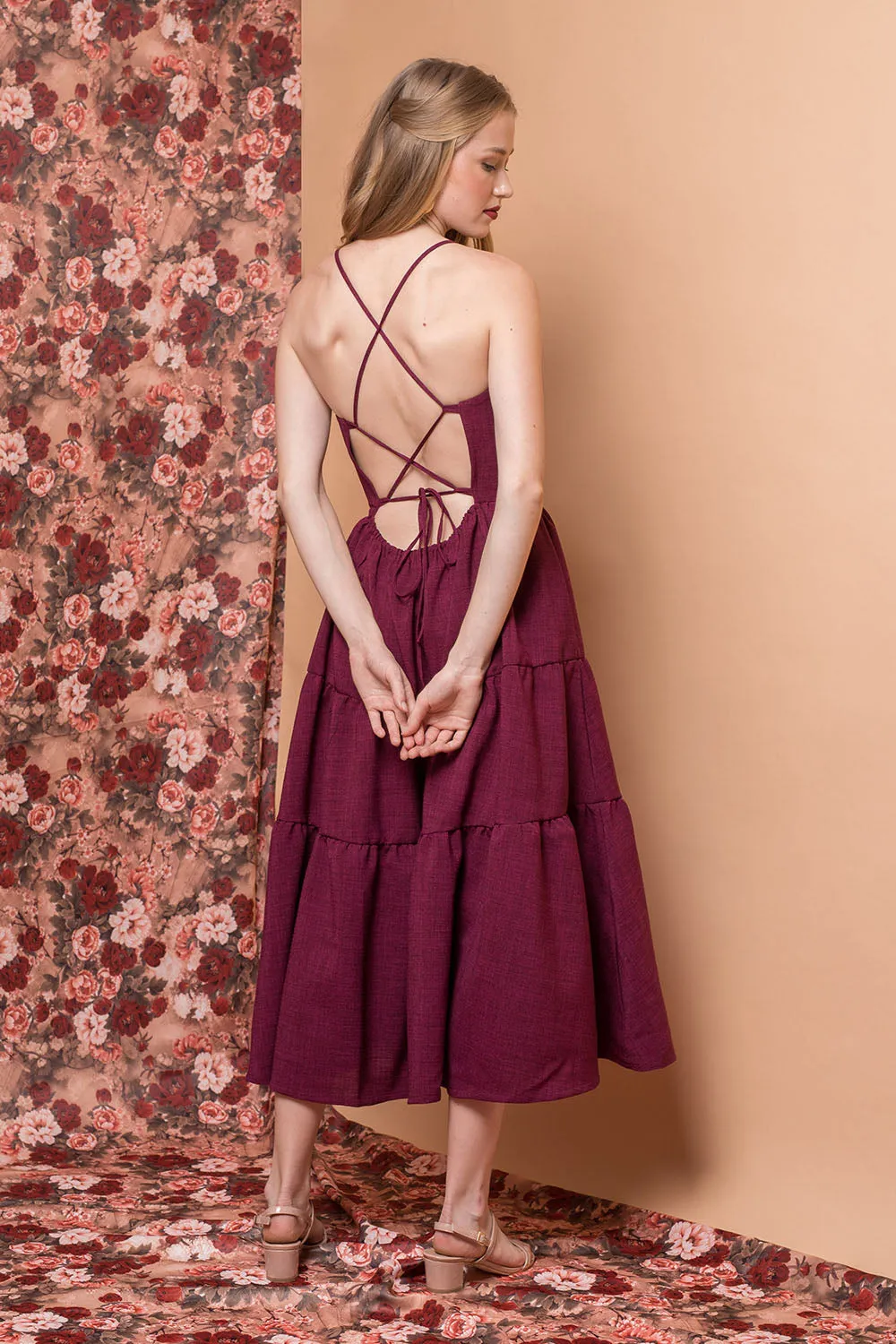 PERFECTA Criss Cross Tie Back Midi Dress (Plum Linen)