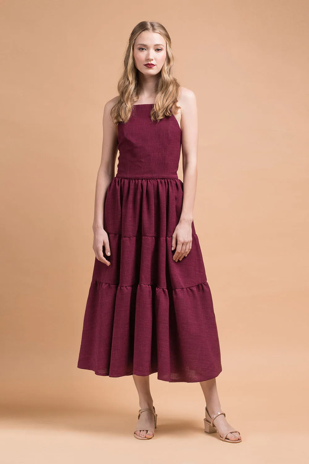 PERFECTA Criss Cross Tie Back Midi Dress (Plum Linen)
