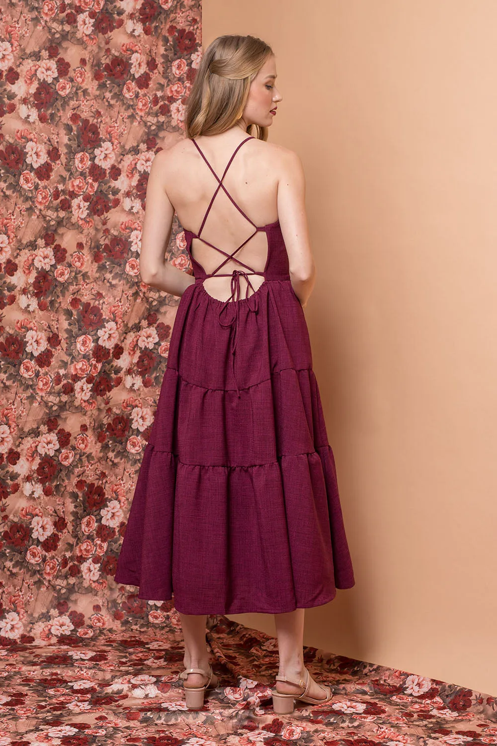 PERFECTA Criss Cross Tie Back Midi Dress (Plum Linen)