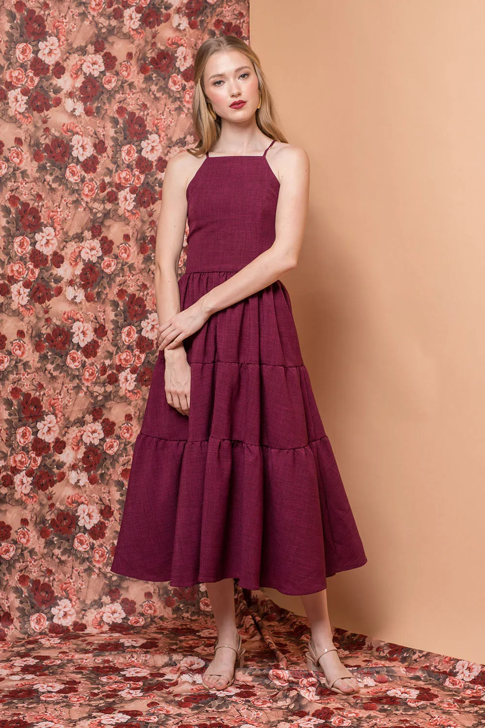 PERFECTA Criss Cross Tie Back Midi Dress (Plum Linen)