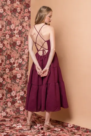 PERFECTA Criss Cross Tie Back Midi Dress (Plum Linen)
