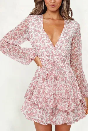 Pink Black/Red/Pink Tie Waist Layered Ruffle Hem Floral Print Short Dress Blue/Beige Tie Waist Layered Ruffle Hem Dotted Print Short Dress