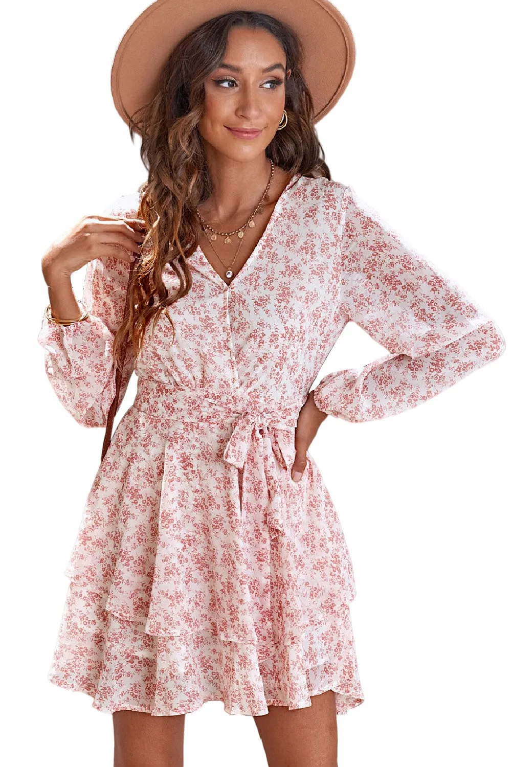 Pink Black/Red/Pink Tie Waist Layered Ruffle Hem Floral Print Short Dress Blue/Beige Tie Waist Layered Ruffle Hem Dotted Print Short Dress