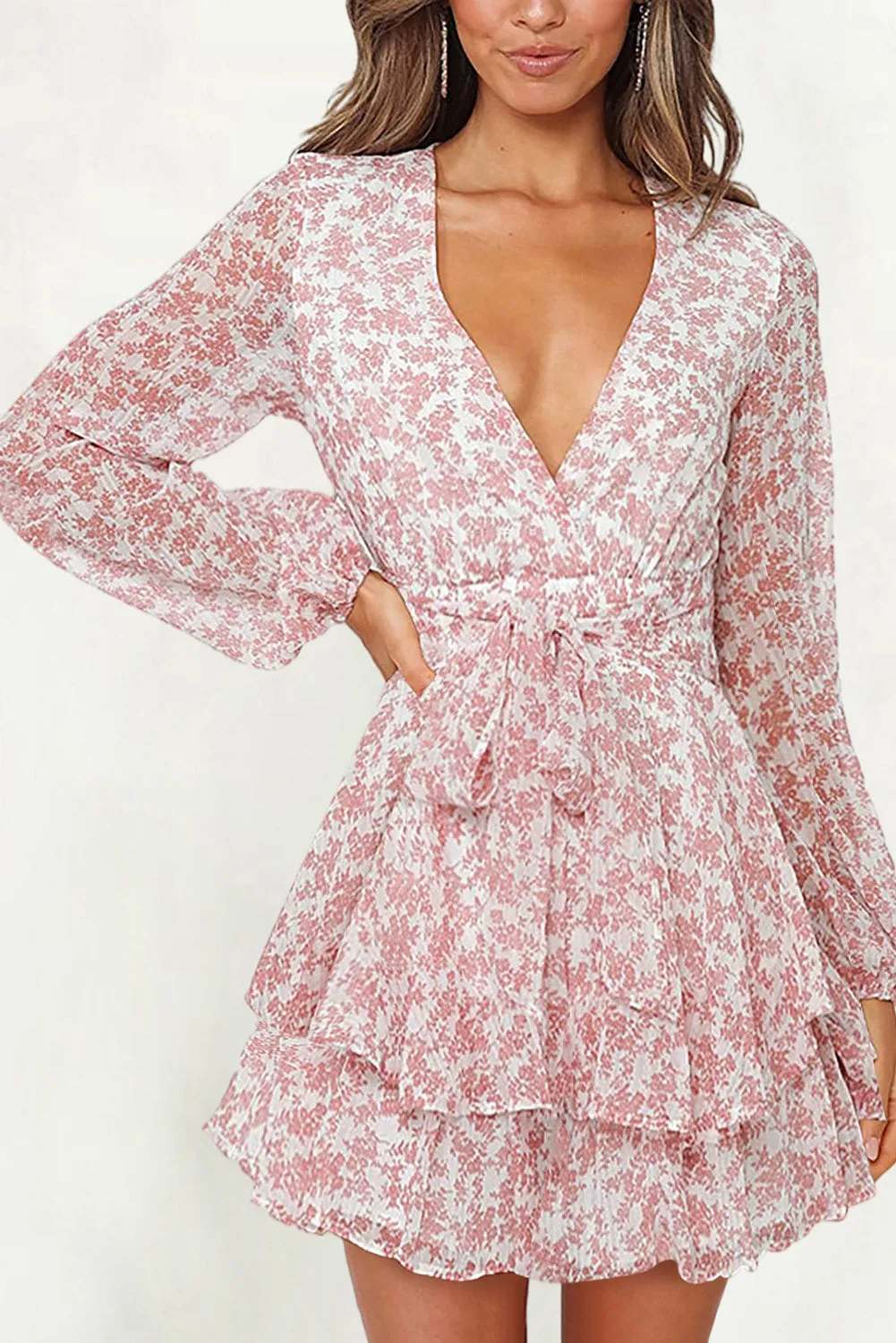 Pink Black/Red/Pink Tie Waist Layered Ruffle Hem Floral Print Short Dress Blue/Beige Tie Waist Layered Ruffle Hem Dotted Print Short Dress