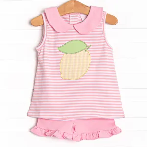 Pink Lady Lemon Applique Ruffle Short Set, Pink