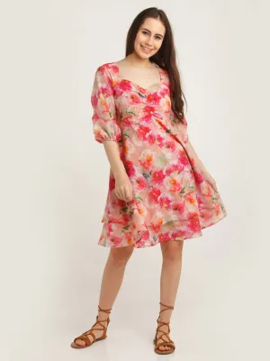 Pink Printed Layered Short Dress