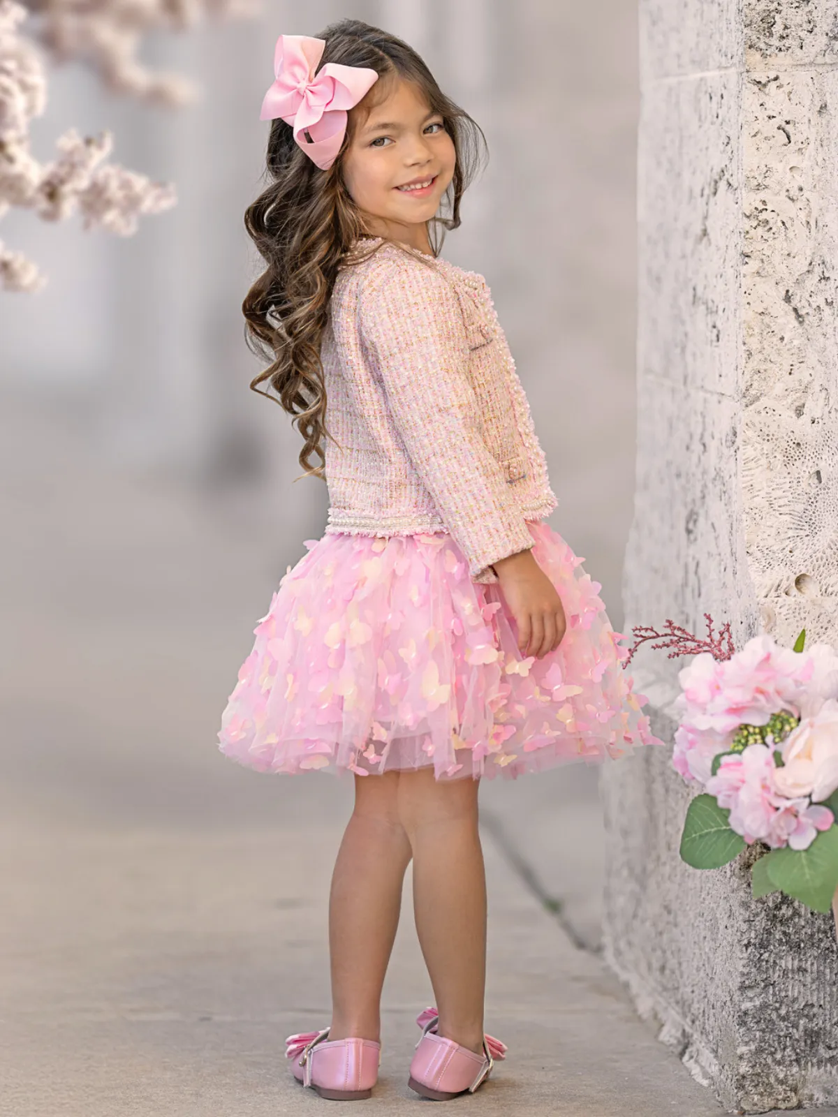 Pink Sparkle Tweed Jacket & Butterfly Tutu Skirt Set